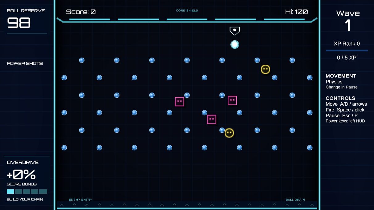 A ball dropping through blue pegs toward pink square and yellow circle enemies in Pachinvaders.