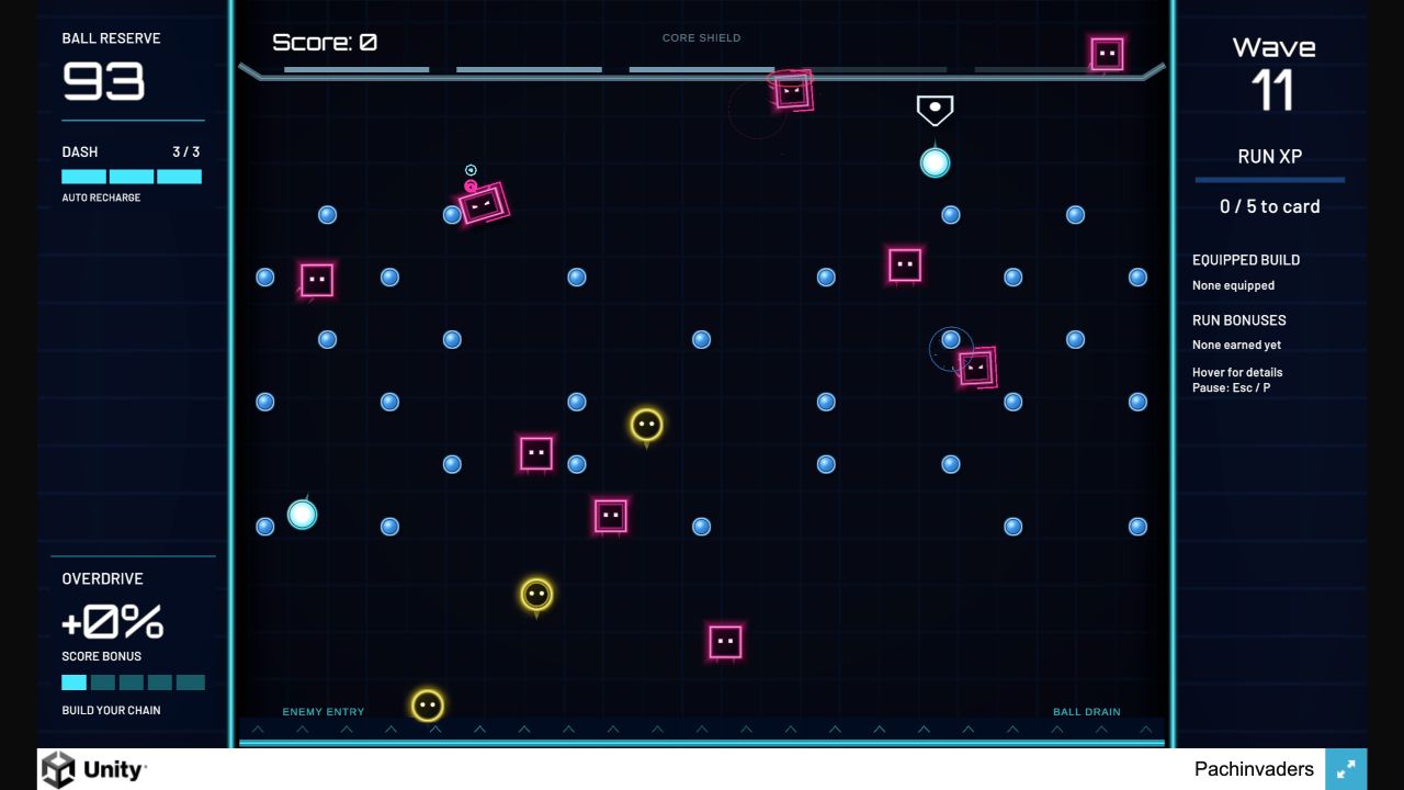 Balls bouncing through blue pegs among pink square and yellow circle enemies in Pachinvaders v0.1.0.
