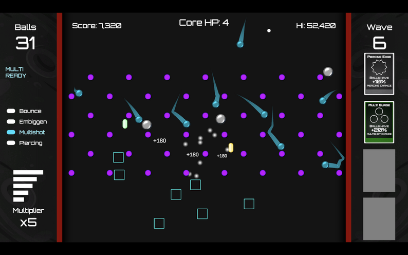 Pachinvaders gameplay: balls ricochet through purple pegs toward advancing invaders.